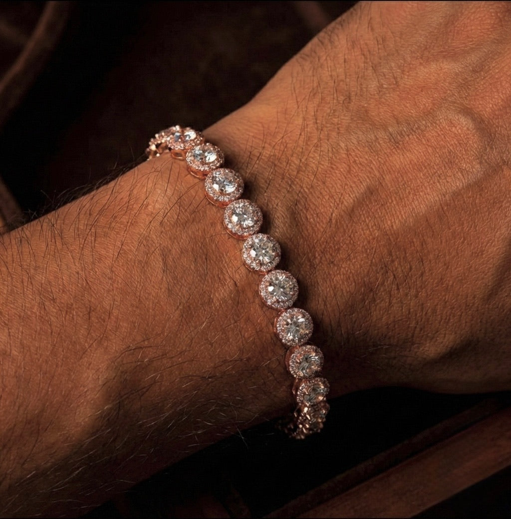 18k rose gold plated circle tennis bracelet.