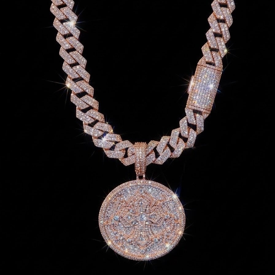 18k rose gold plated iced Cuban and cross coin pendant.