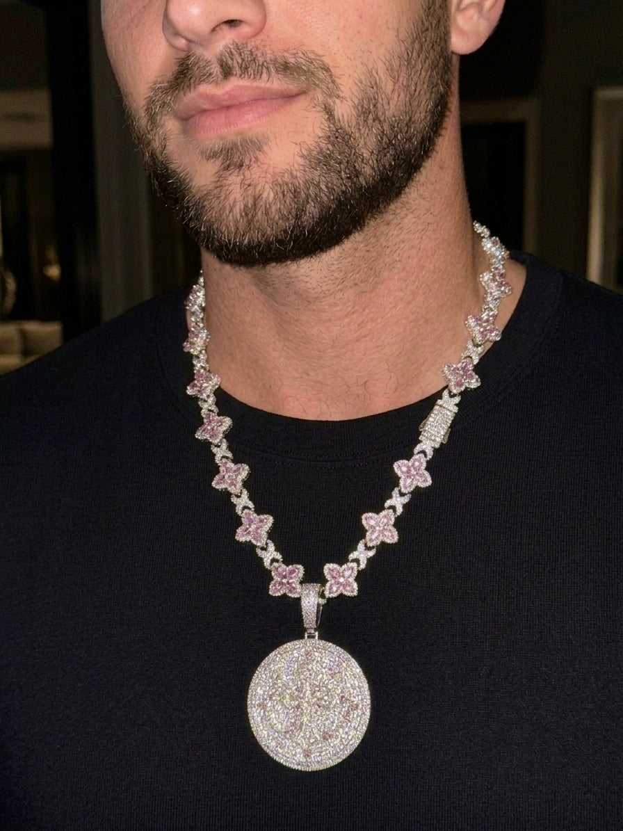 18k White gold plated iced four leaf chain and coin pendant.