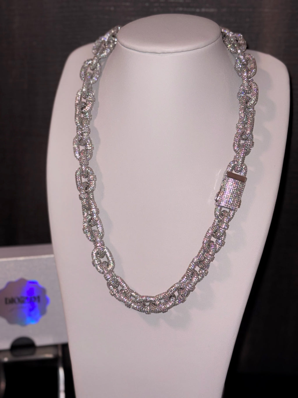 18k white gold plated XL iced links necklace.
