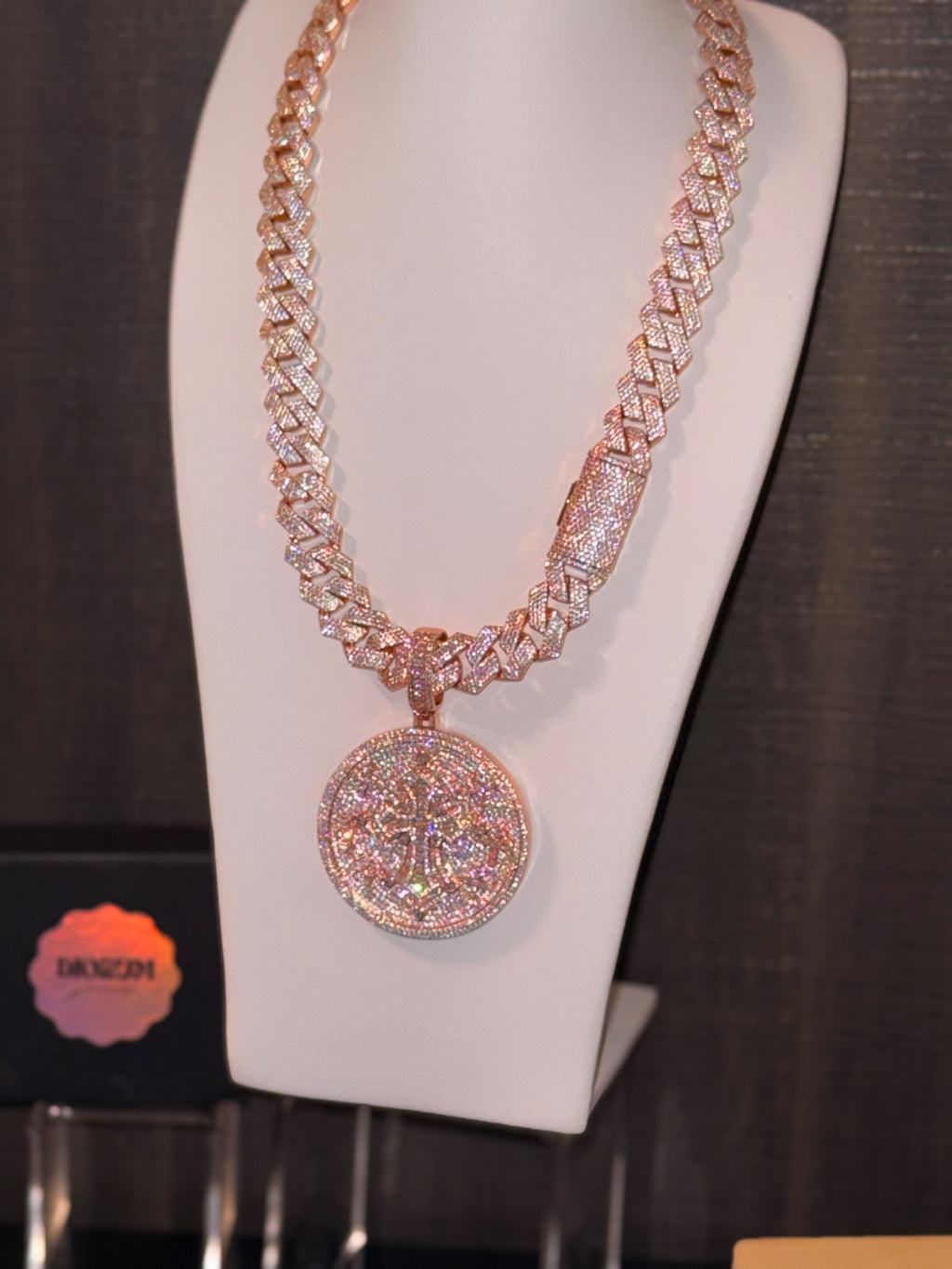 18k rose gold plated iced Cuban and cross coin pendant.