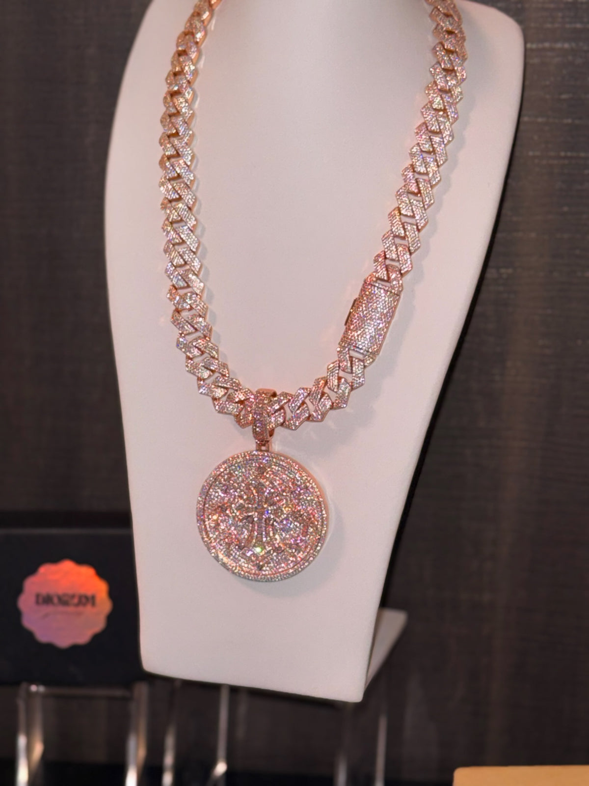 18k rose gold plated iced Cuban and cross coin pendant.