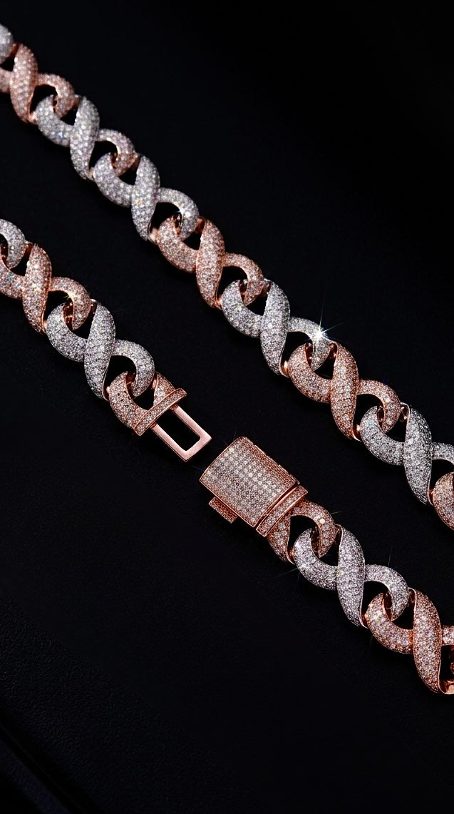 Iced out 18k 2 tones gold plated infinity necklace.