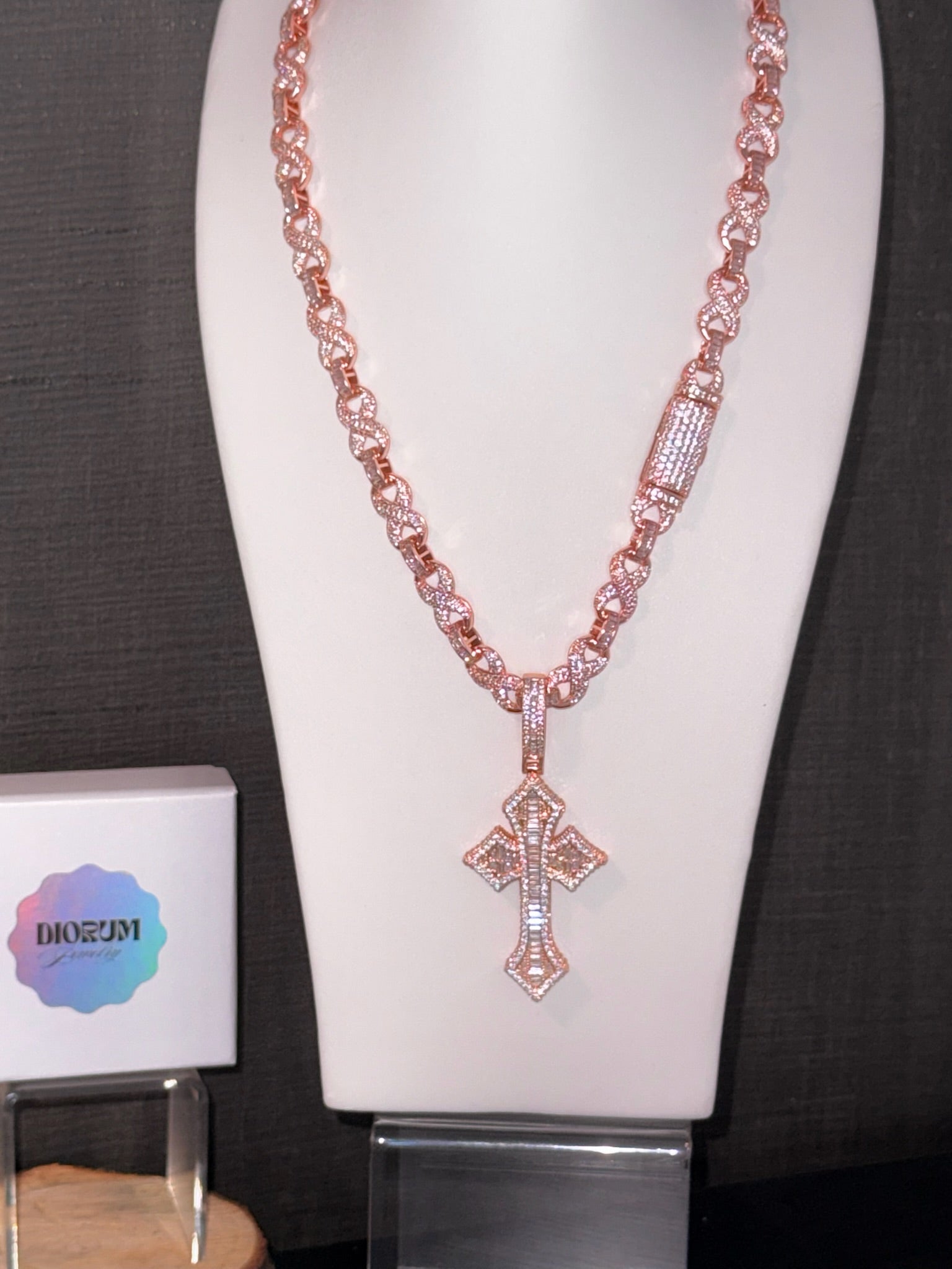18k Rose gold plated iced out infinity chain and cross pendant.