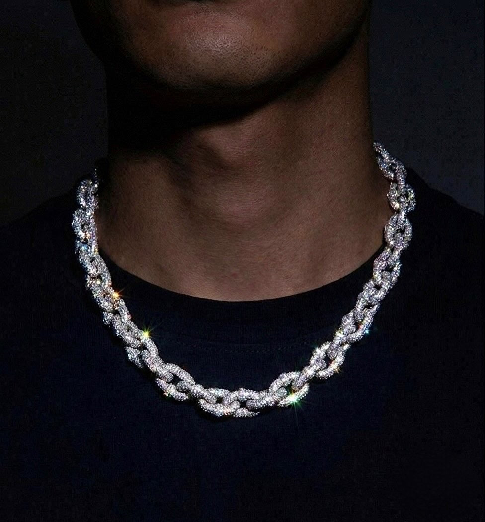 18k white gold plated XL iced links necklace.