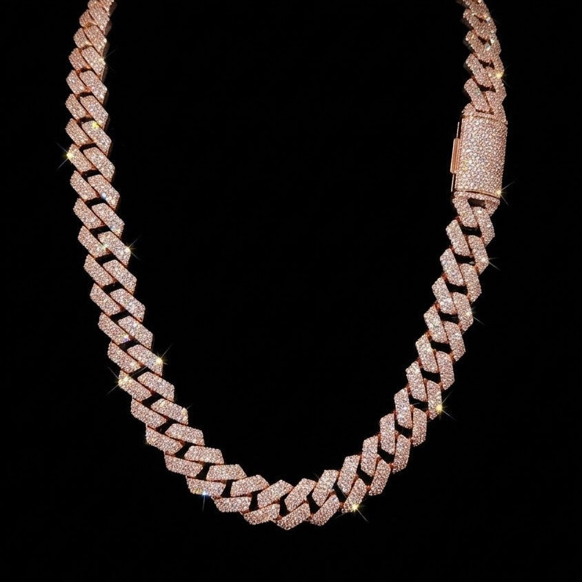 18k rose gold plated iced Cuban link necklace.