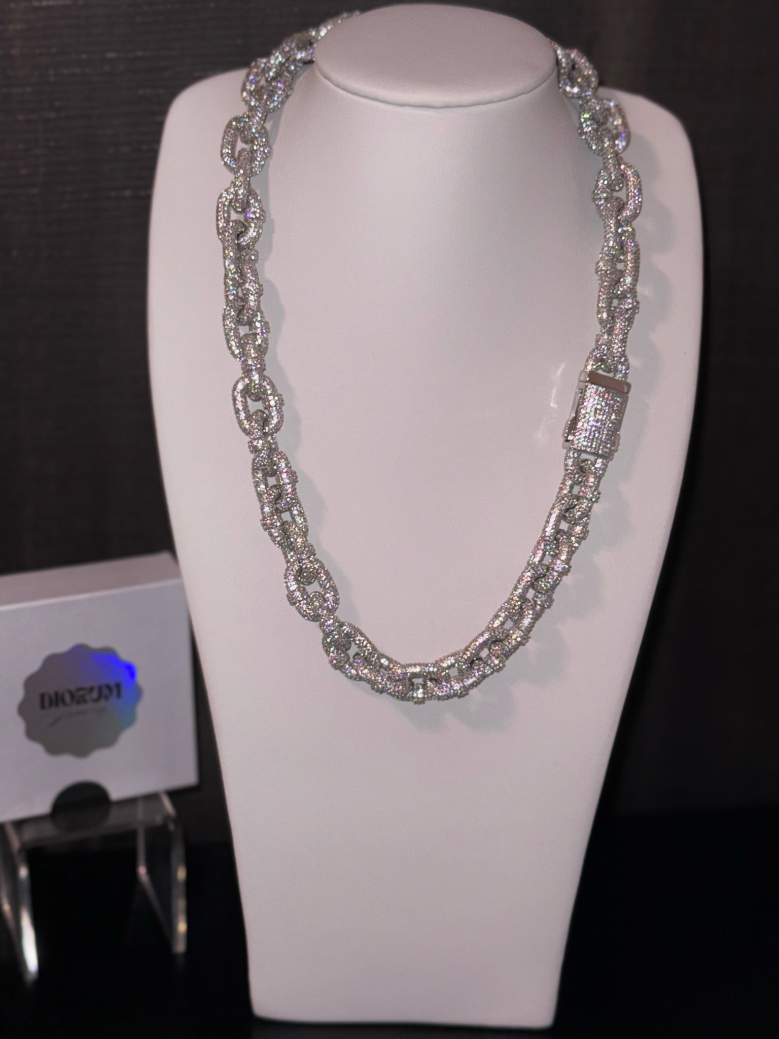 18k white gold plated XL iced links necklace.