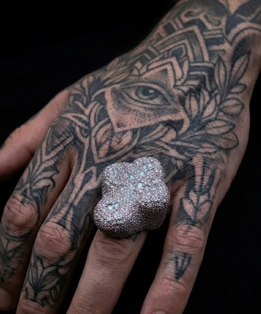 18k white gold plated iced large cross ring.
