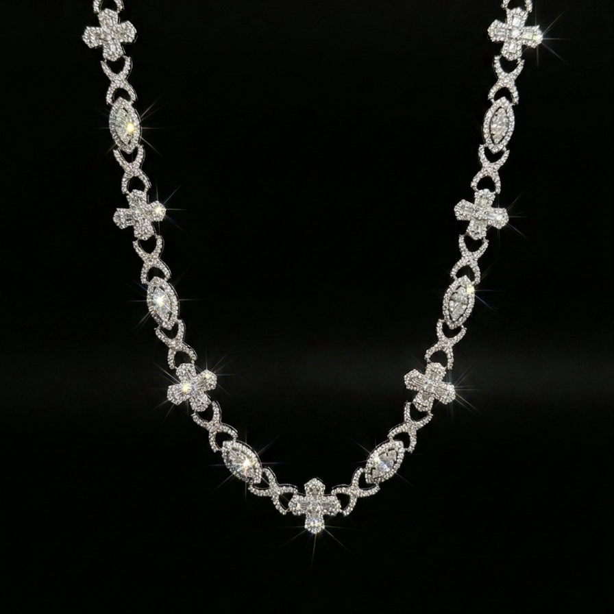 18k white gold plated iced multi shape necklace.