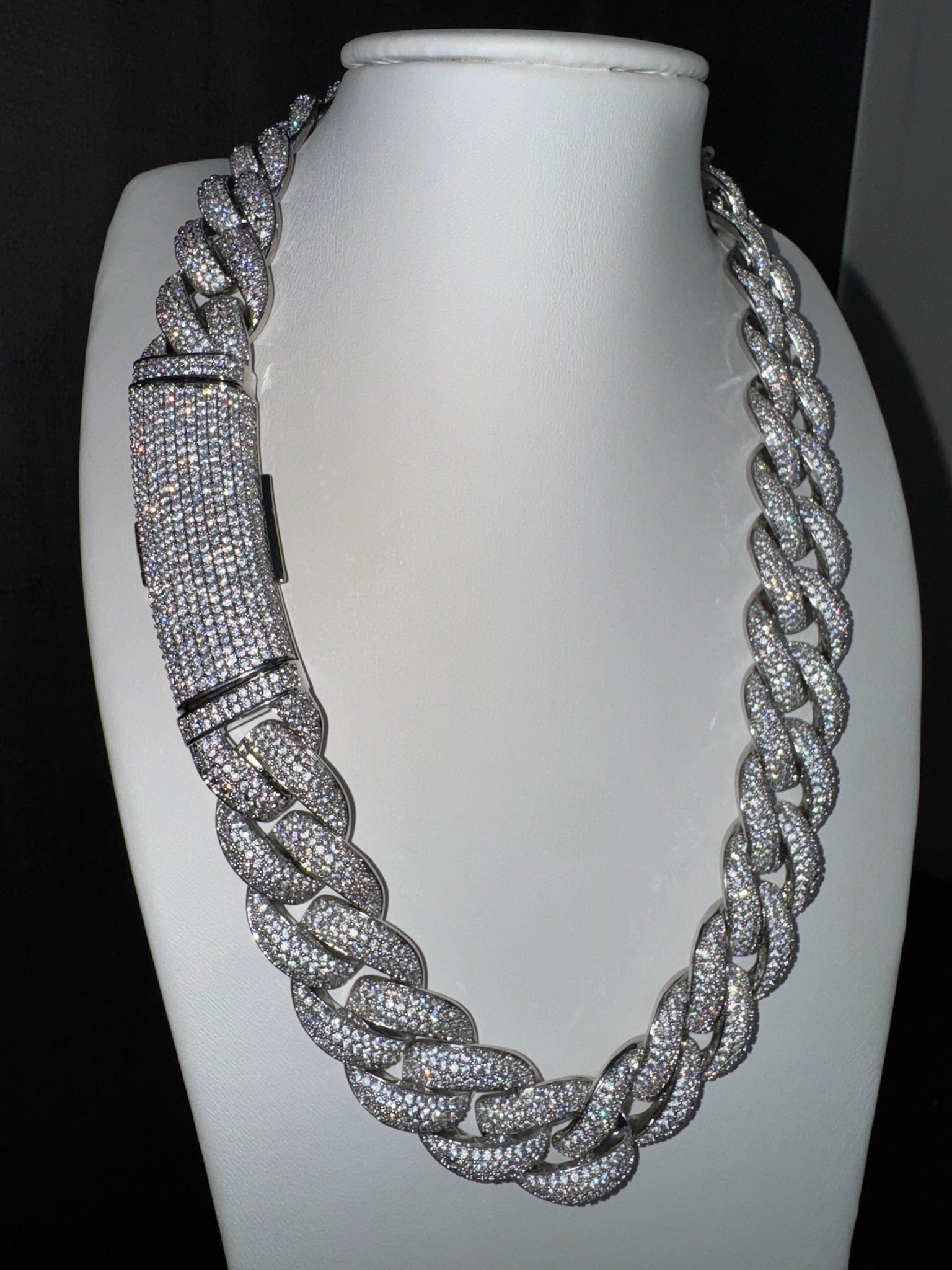 18k White Gold Finish Micro Pave Cuban Link Necklace.