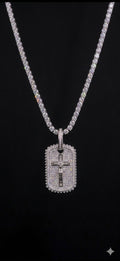 18k white gold plated iced cross tag pendant.