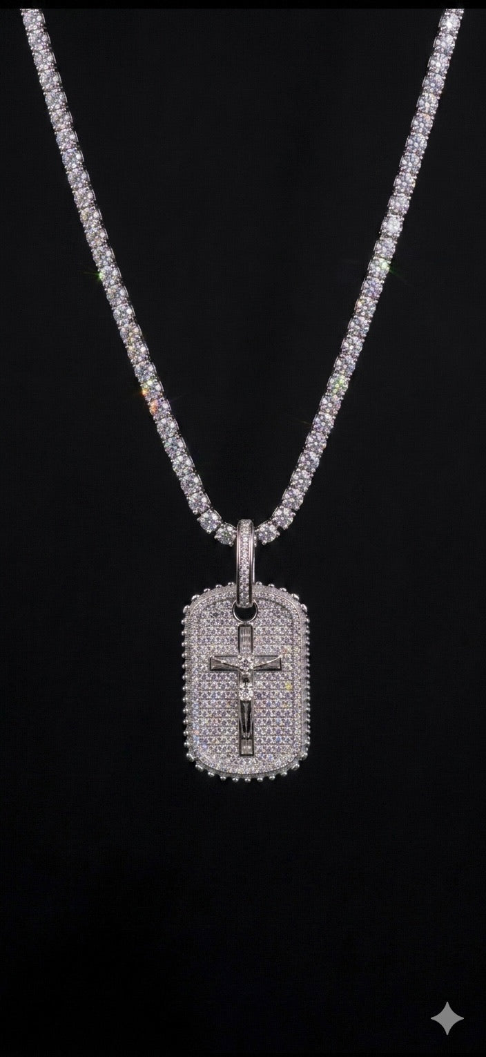 18k white gold plated iced cross tag pendant.