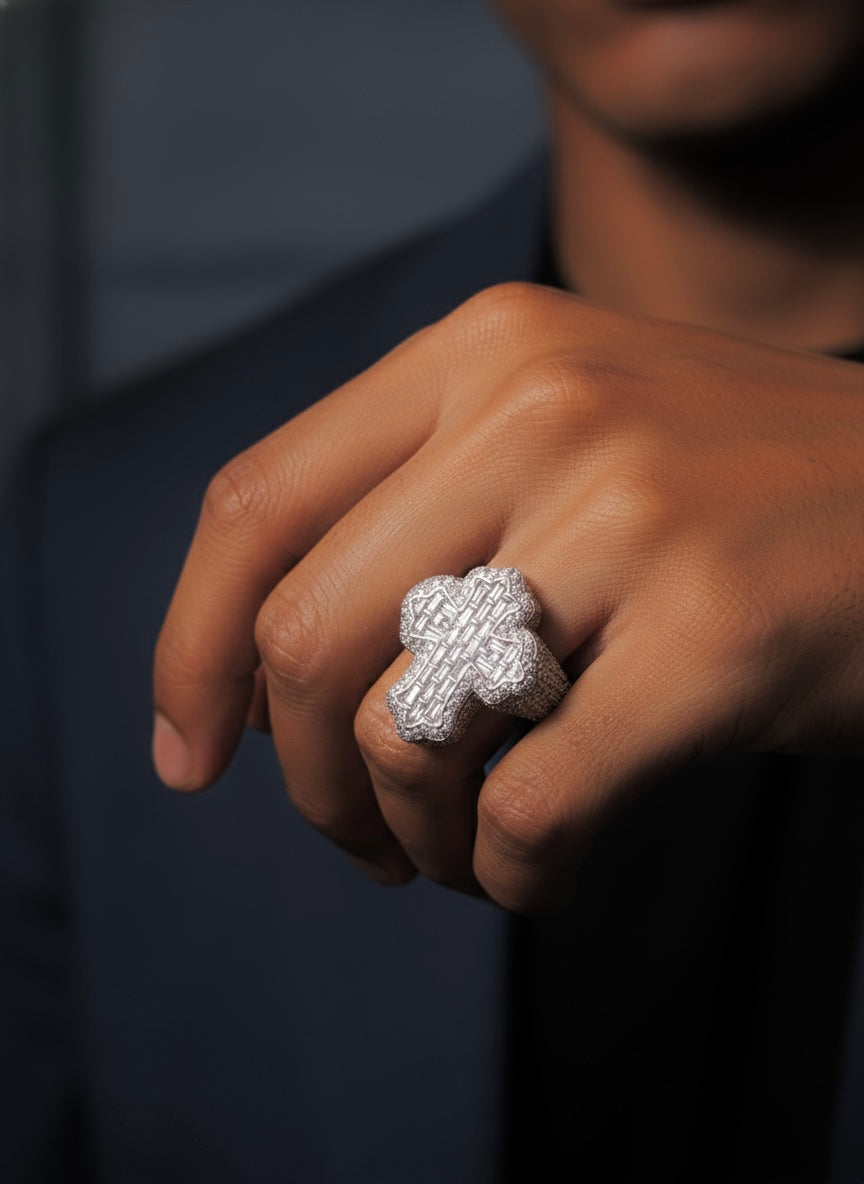 18k white gold plated iced cross ring.