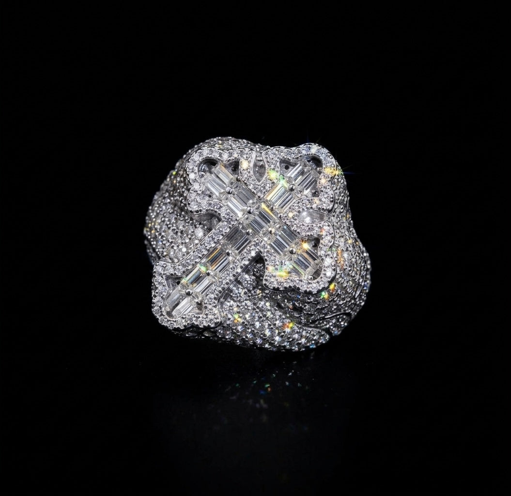 White gold plated iced cross ring.