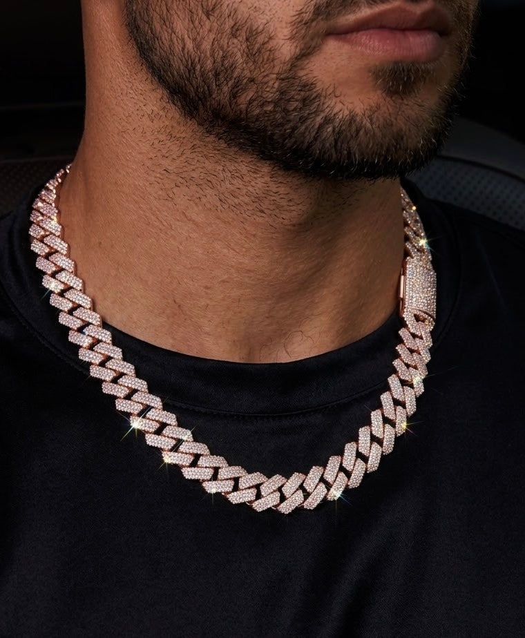 18k rose gold plated iced Cuban and cross coin pendant.