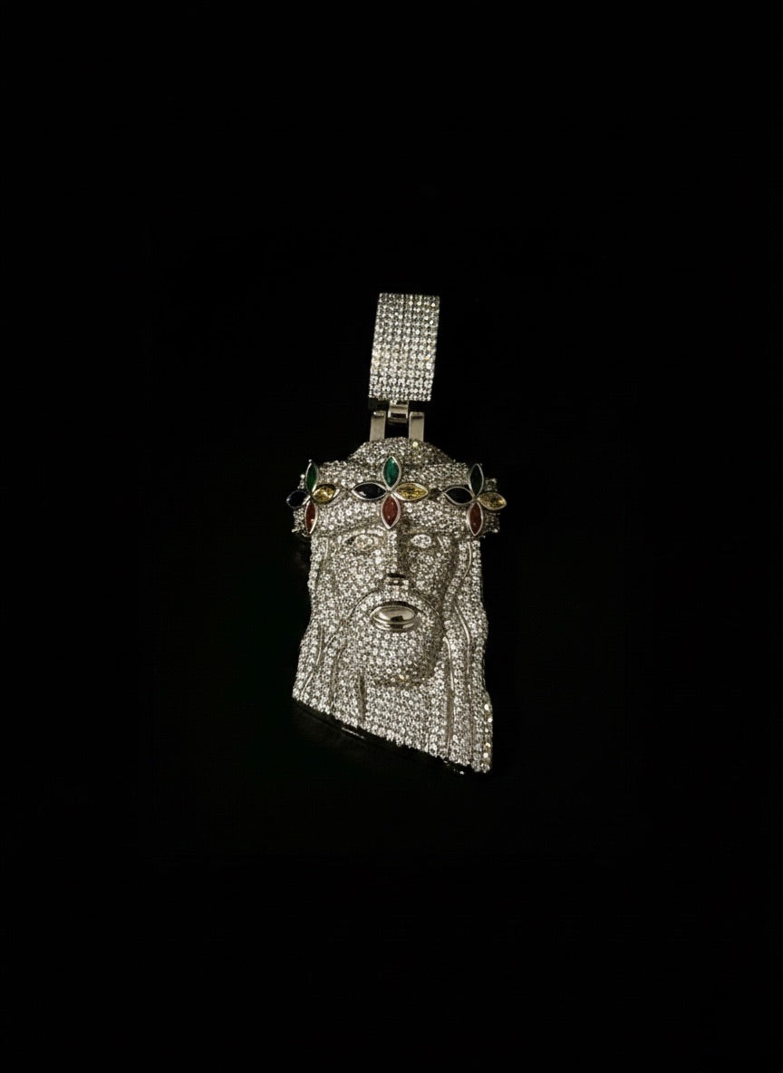 18k White Gold Plated Bust down God Face Pendant.