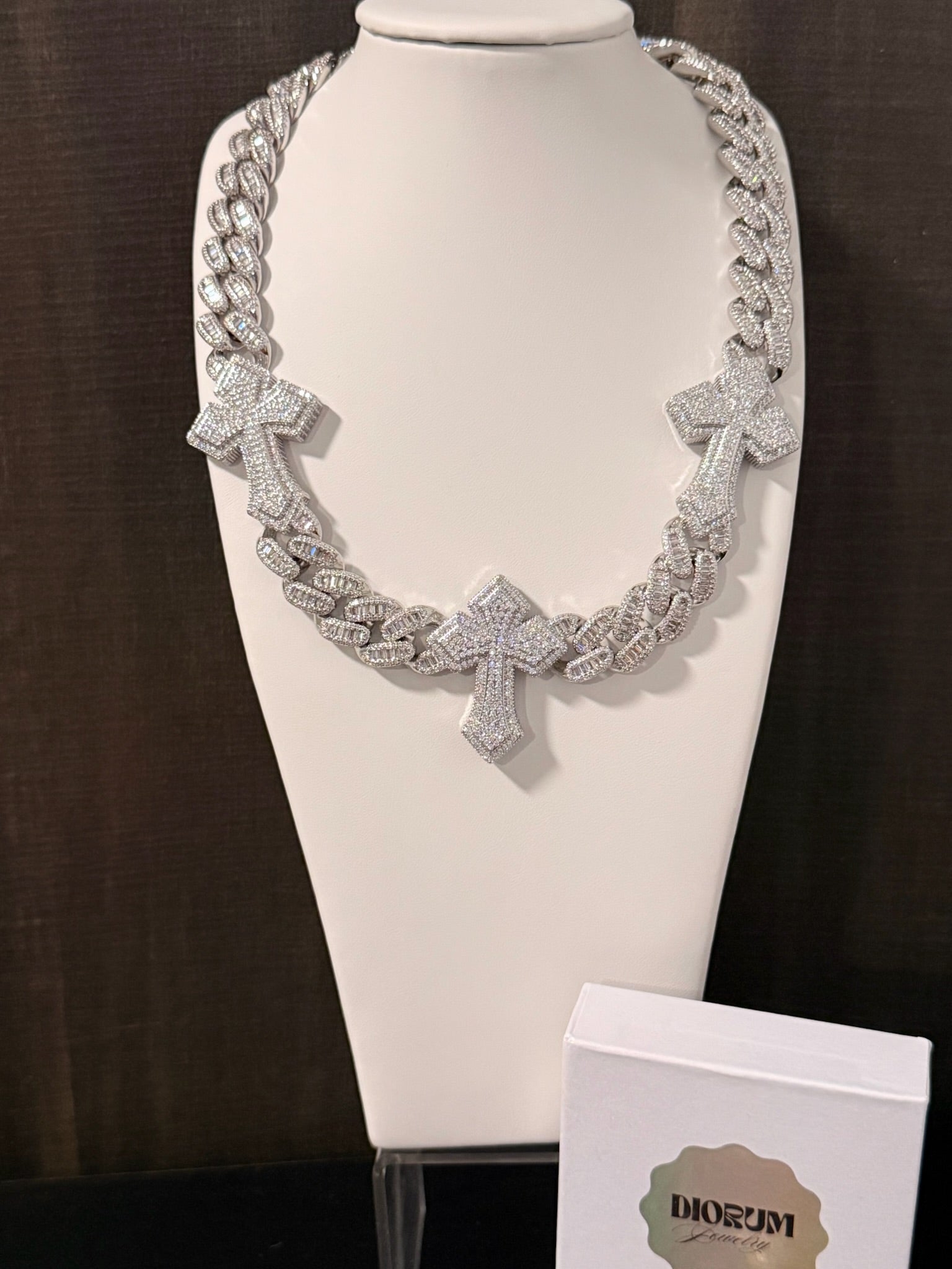 18 k white gold plated iced baguette cross stations Cuban link necklace