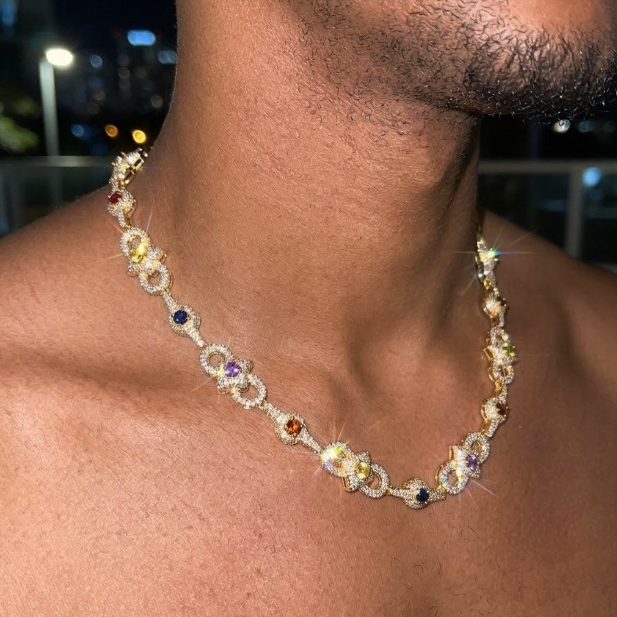 18k white gold plated iced multi shape necklace.