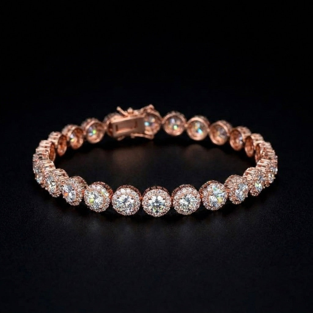 18k rose gold plated circle tennis bracelet.