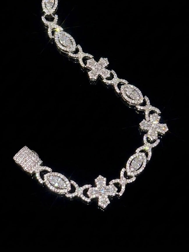 18k white gold plated iced multi shape necklace.