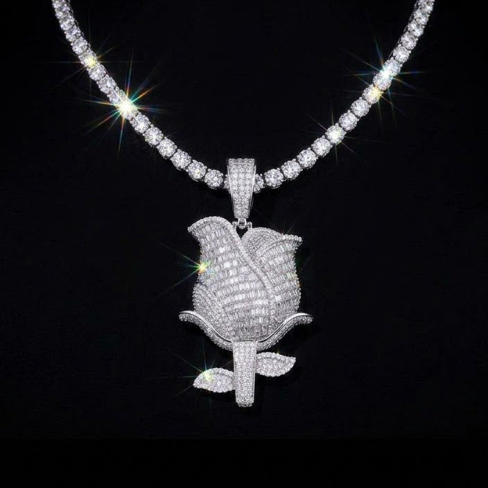 18k white gold plated tennis chain and iced out Rose pendant.