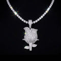 18k white gold plated tennis chain and iced out Rose pendant.