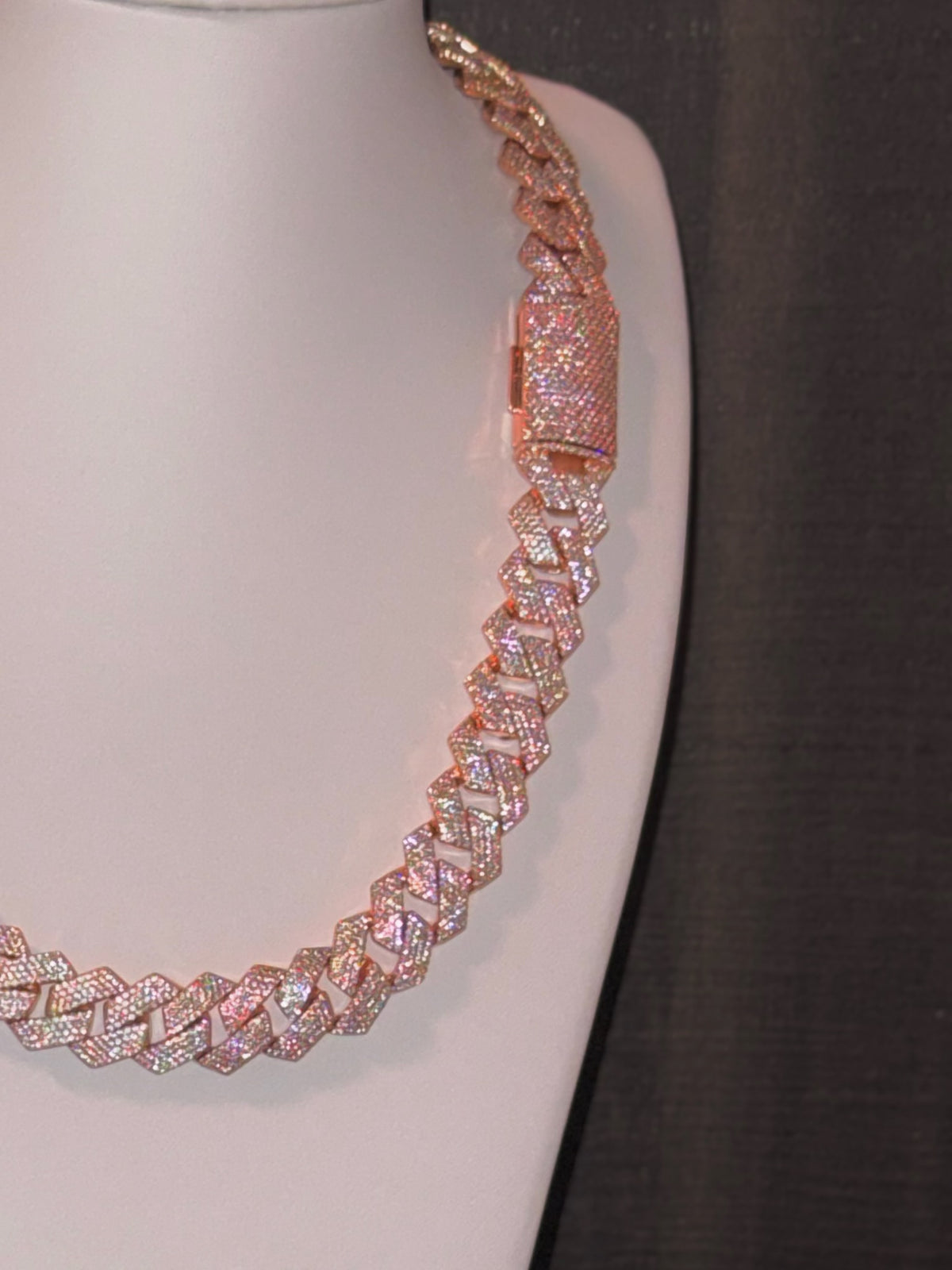 18k rose gold plated iced Cuban link necklace.
