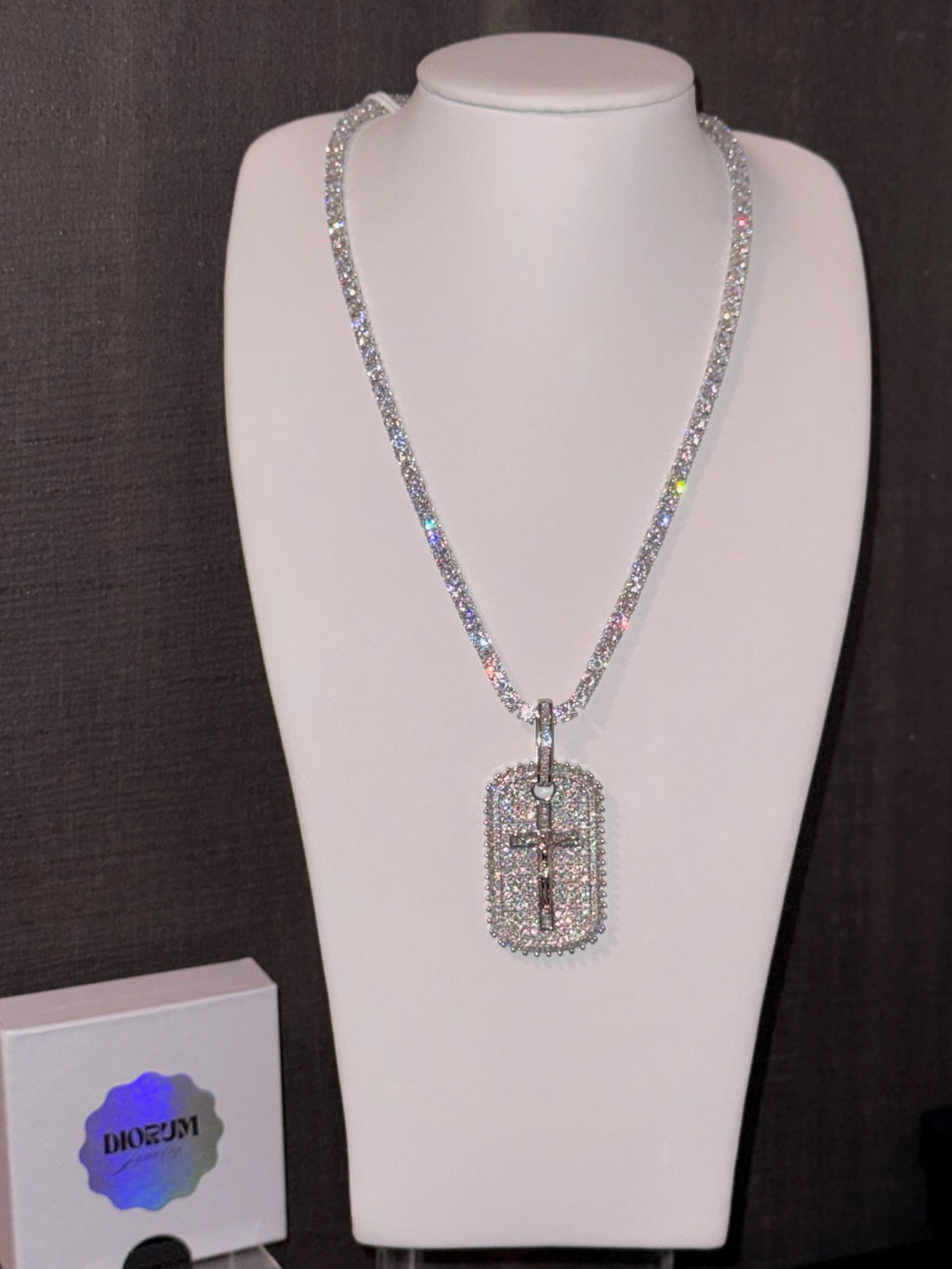 18k white gold plated iced cross tag pendant.