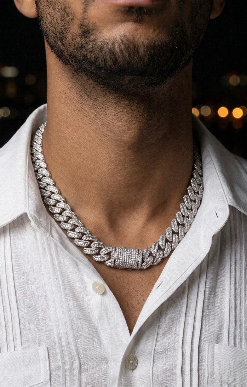 18k white gold plated iced baguette Cuban link necklace.