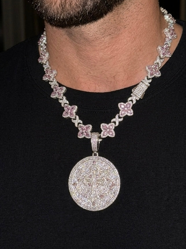 18k White gold plated iced four leaf chain and coin pendant.