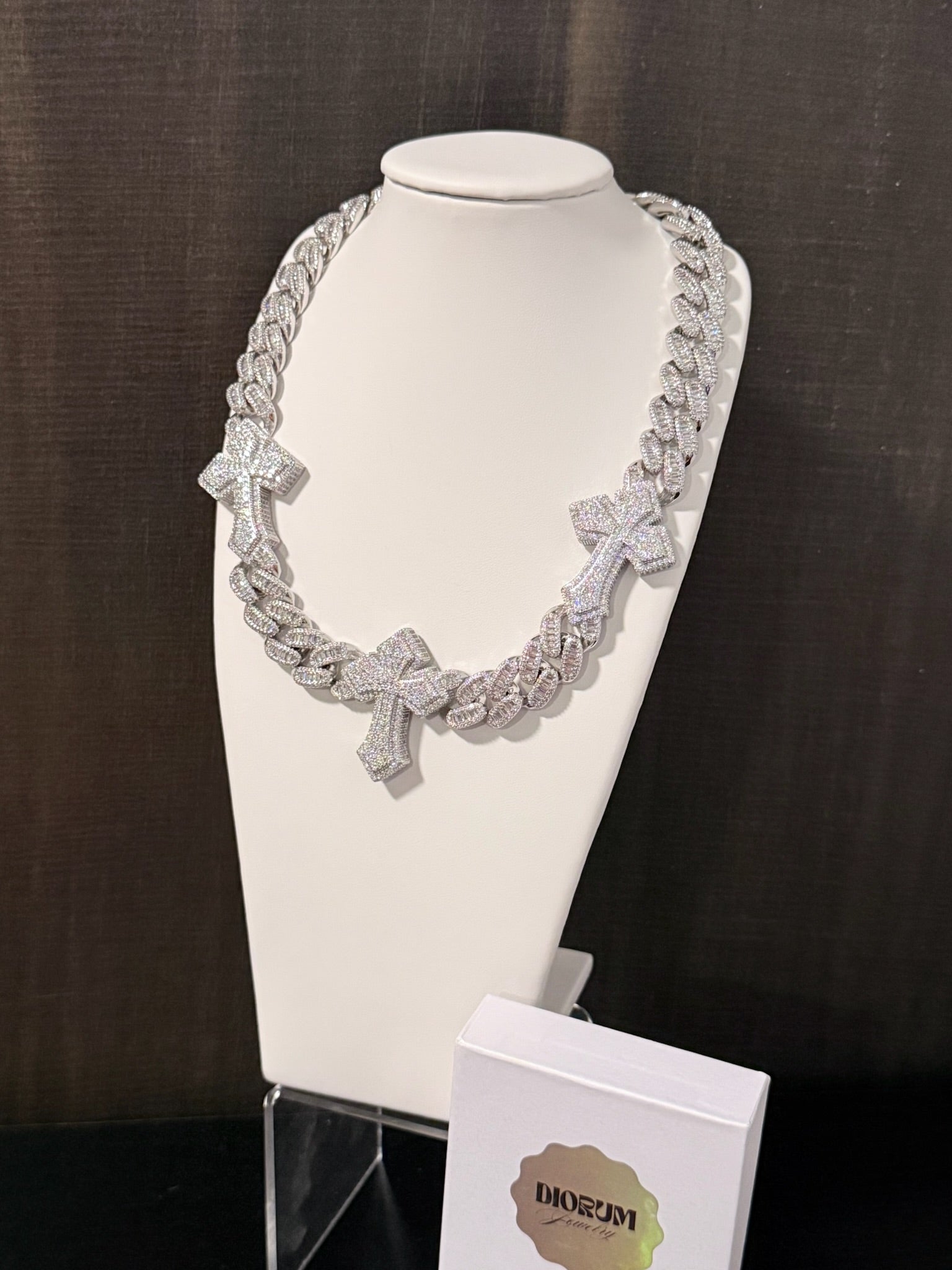 18 k white gold plated iced baguette cross stations Cuban link necklace