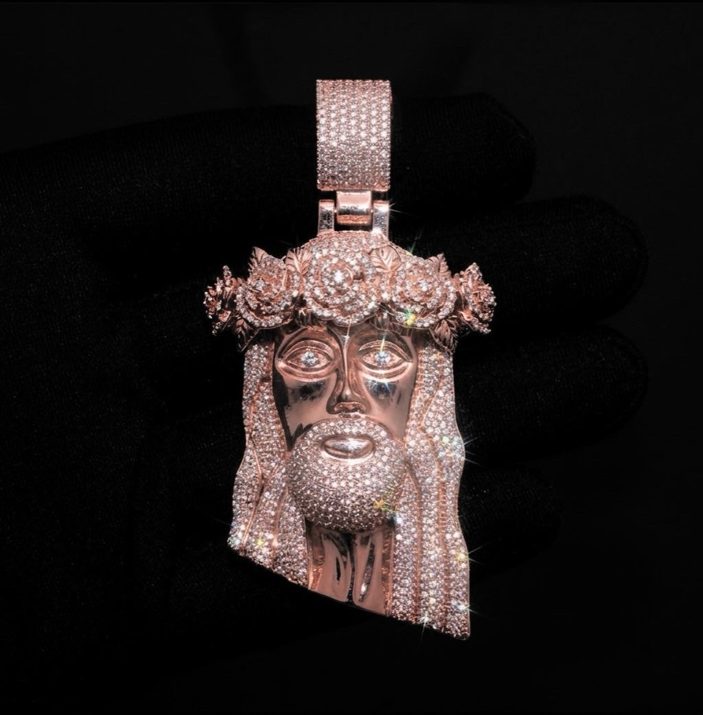 18k rose gold plated iced god face pendant.