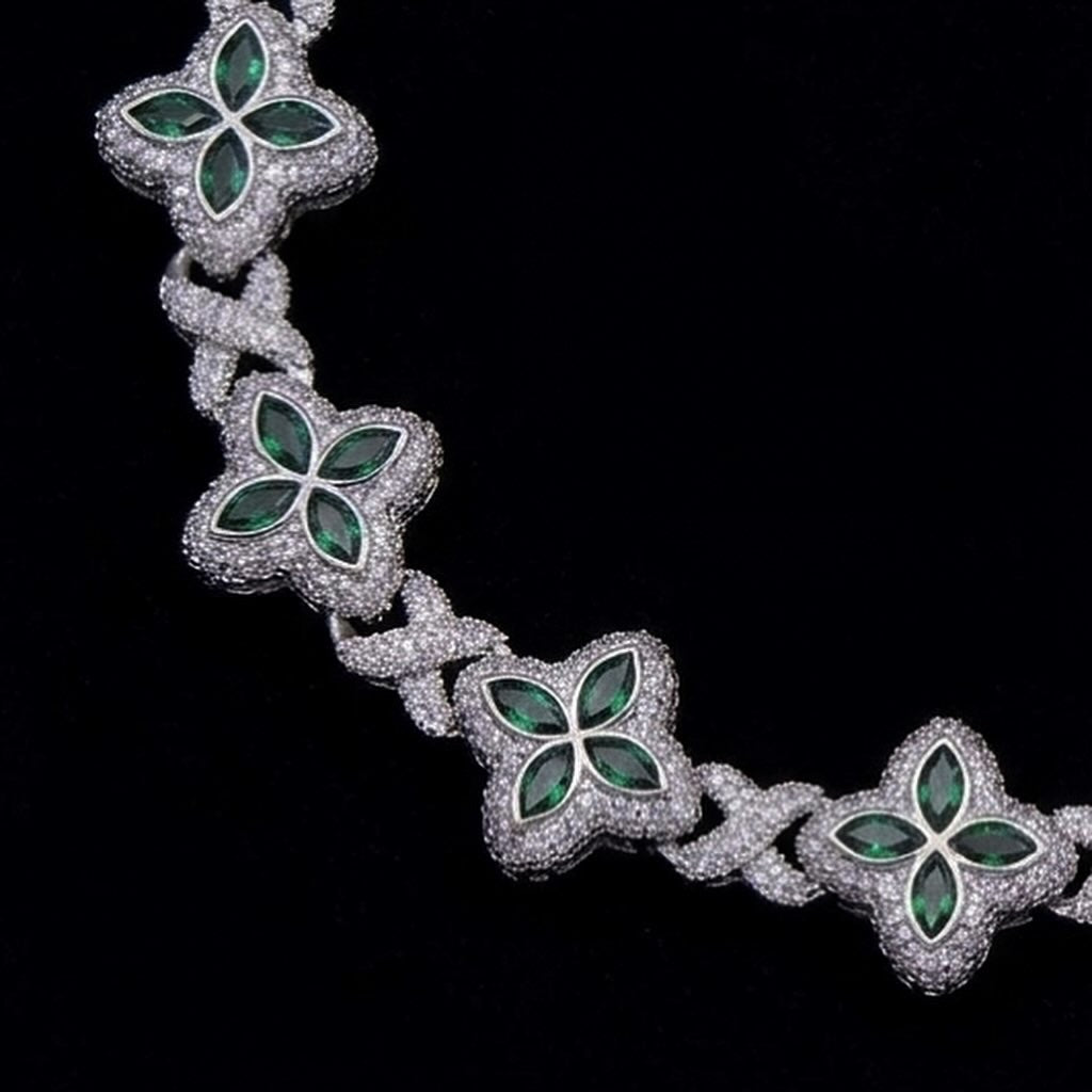 18k White gold plated iced 4 leaf bracelet.