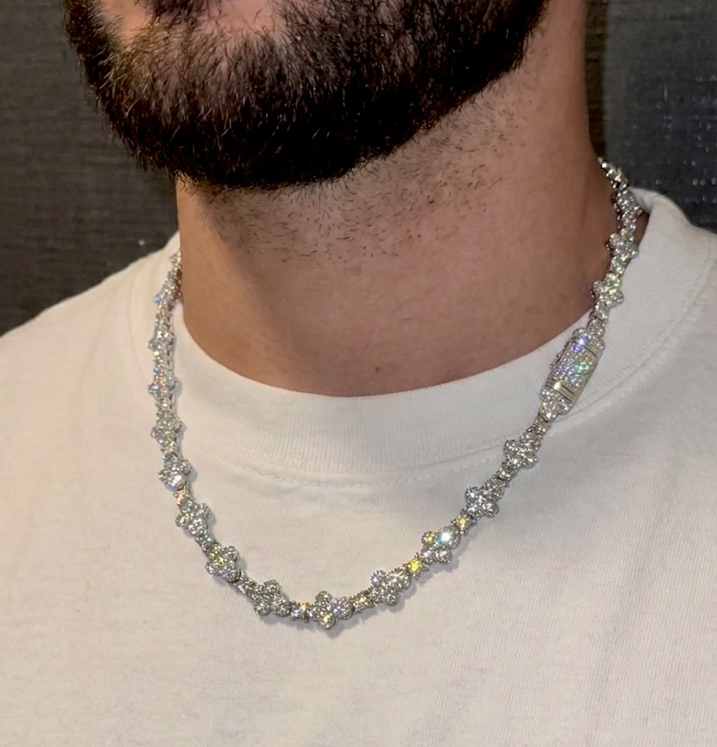 18k White Gold Plated iced infinity cross chain.