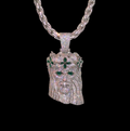 White gold plated iced rope chain and god face pendant.