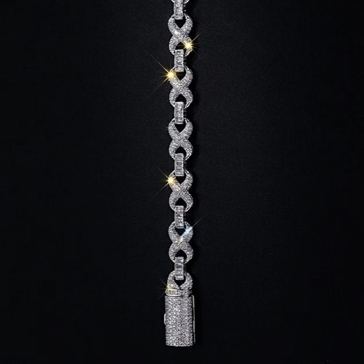 18k white gold plated iced infinity necklace.