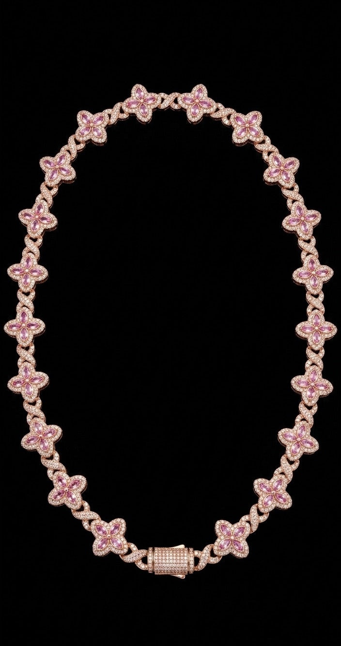 18k rose gold plated iced multi clover necklace.