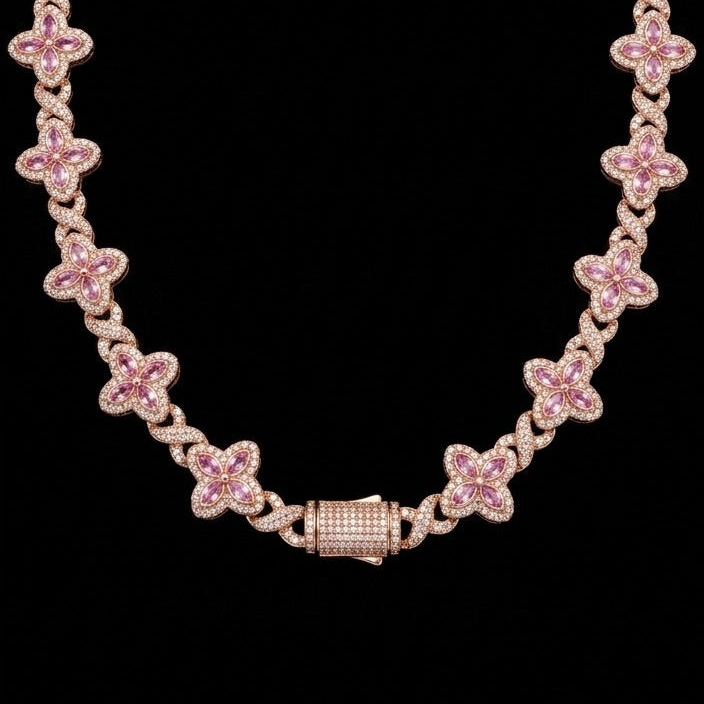 18k rose gold plated iced multi clover necklace.