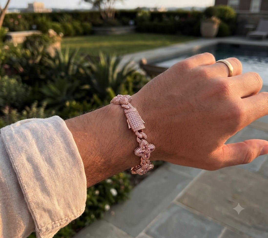 18k rose gold plated iced Four leaf clover bracelet.