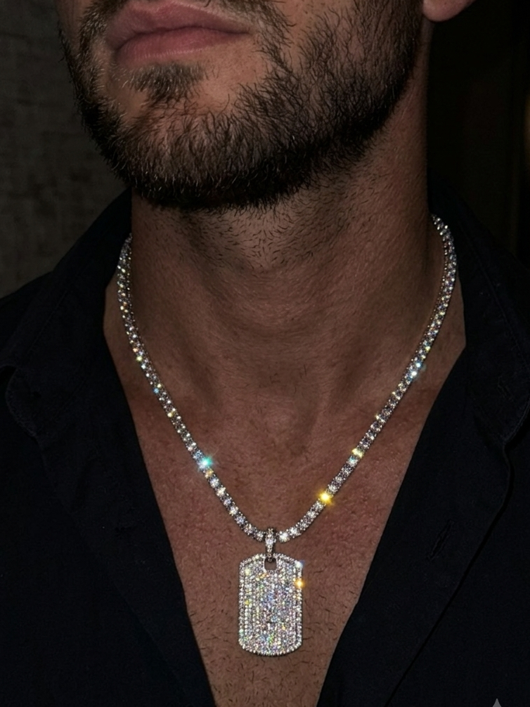 White gold plated tennis necklace and iced tag pendant.