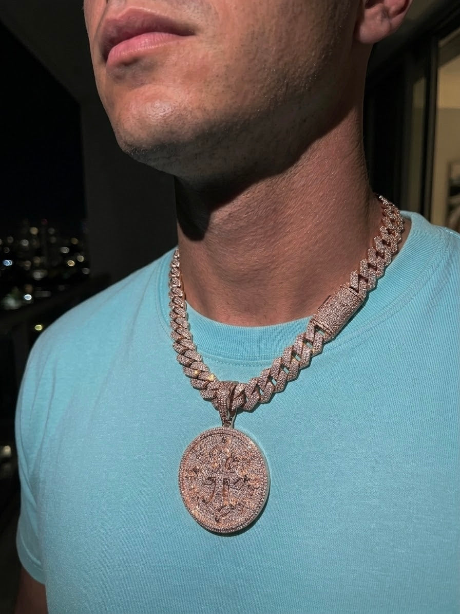 18k rose gold plated iced Cuban and cross coin pendant.
