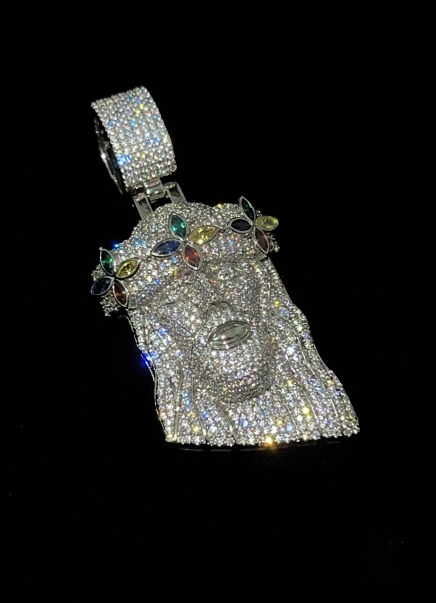18k White Gold Plated Bust down God Face Pendant.