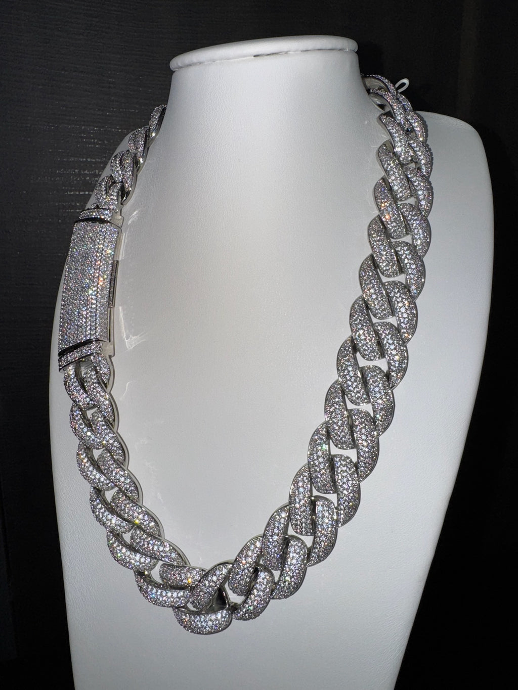 18k White Gold Finish Micro Pave Cuban Link Necklace.