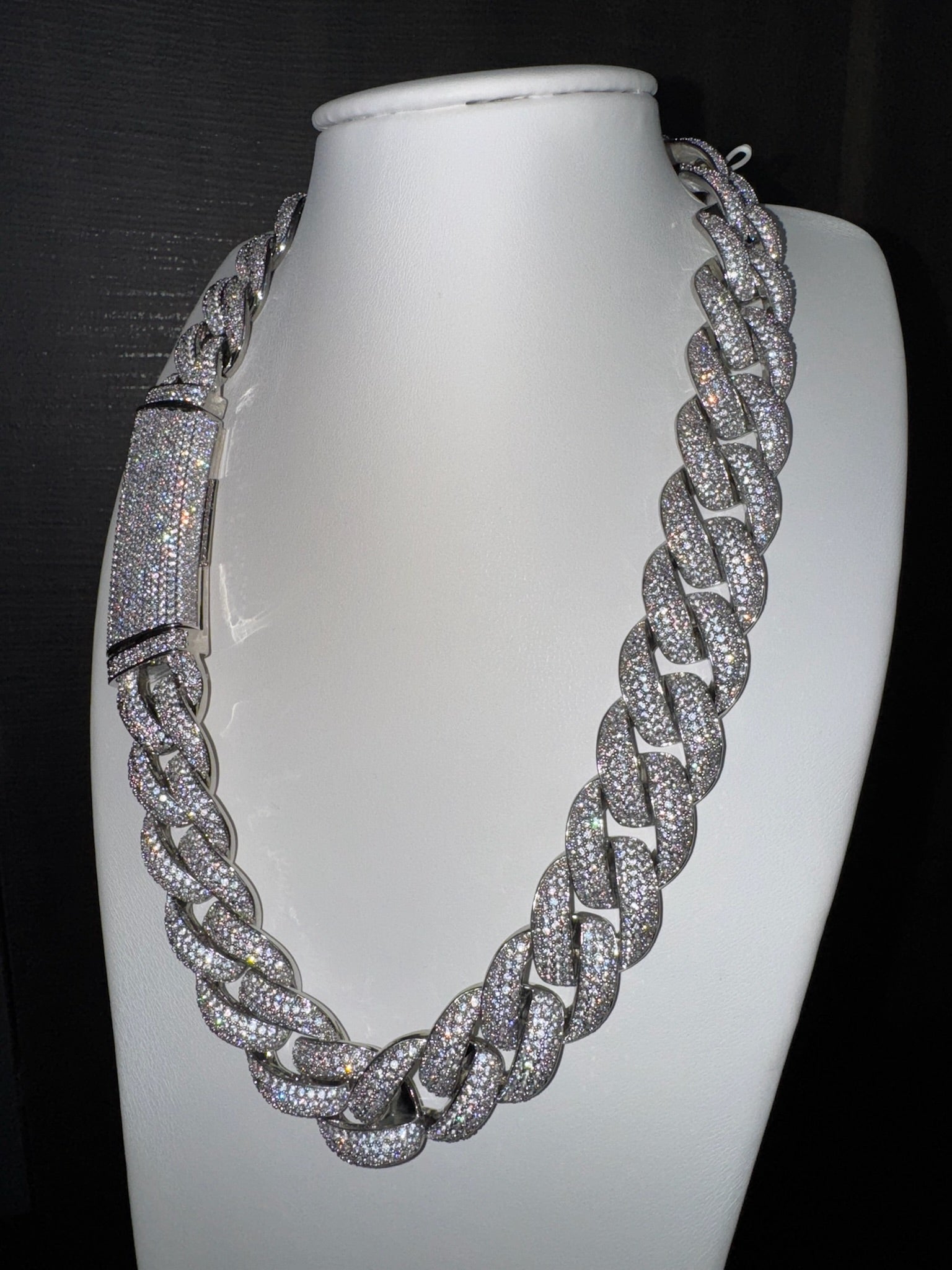 18k White Gold Finish Micro Pave Cuban Link Necklace.