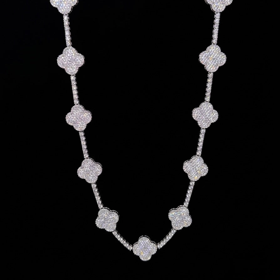18k White gold plated micro pave clover necklace.