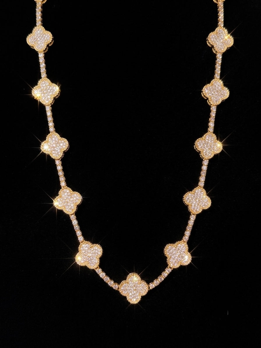 18k White gold plated micro pave clover necklace.