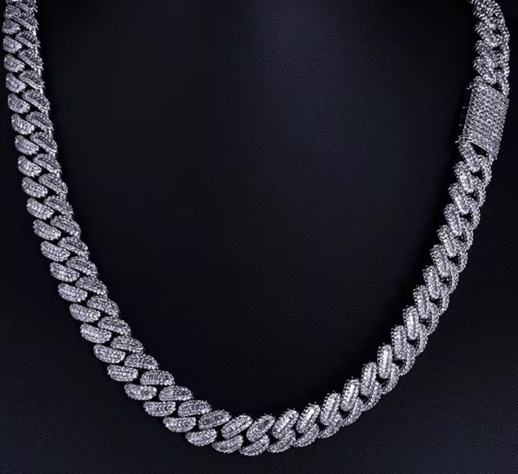 18k white gold plated iced baguette Cuban link necklace.