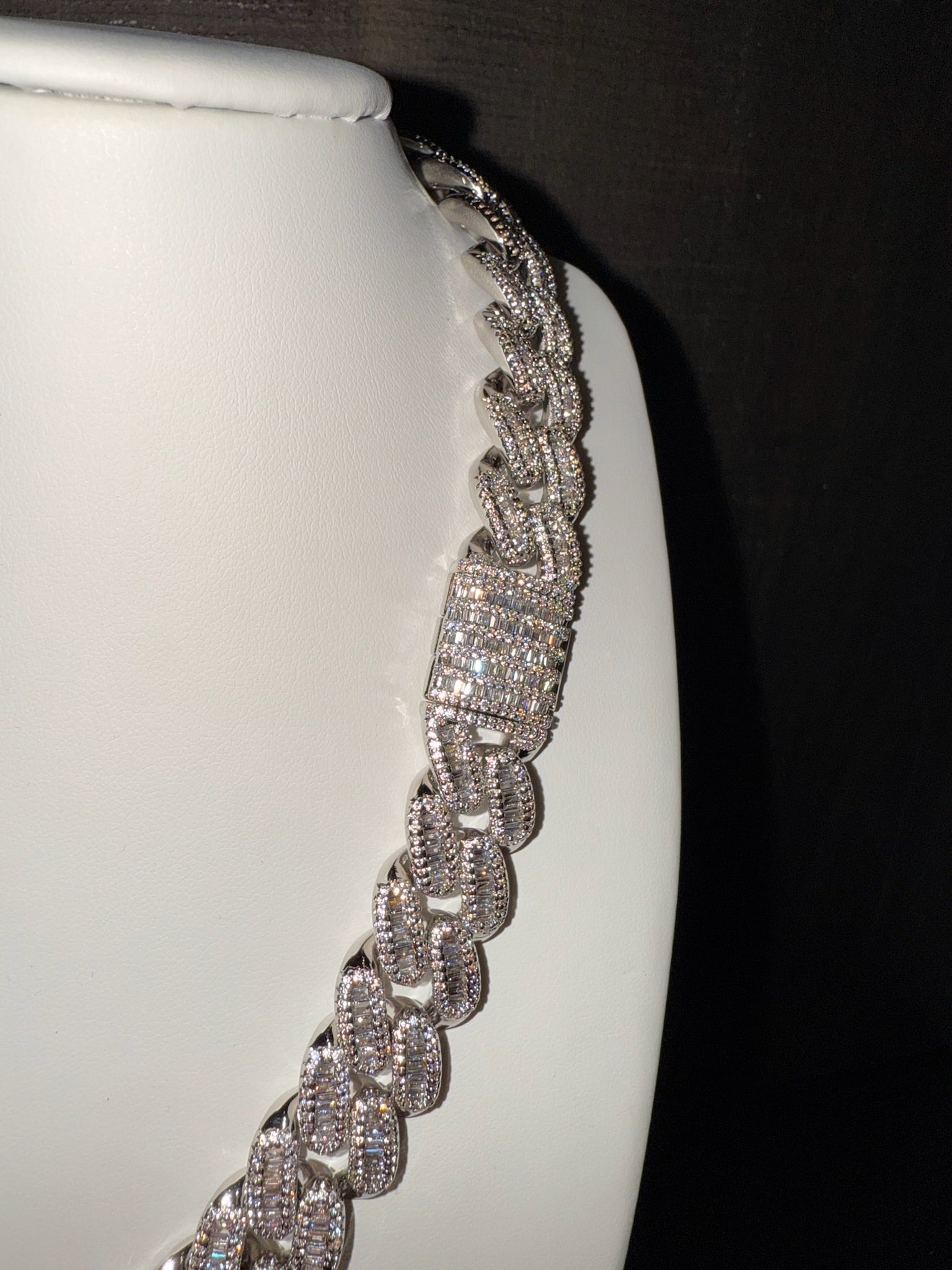 18 k white gold plated iced baguette cross stations Cuban link necklace