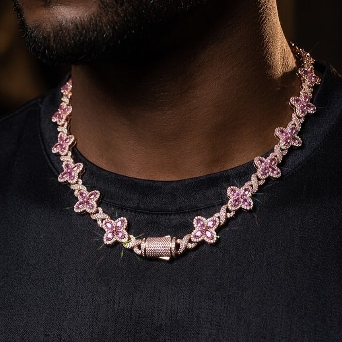 18k rose gold plated iced multi clover necklace.