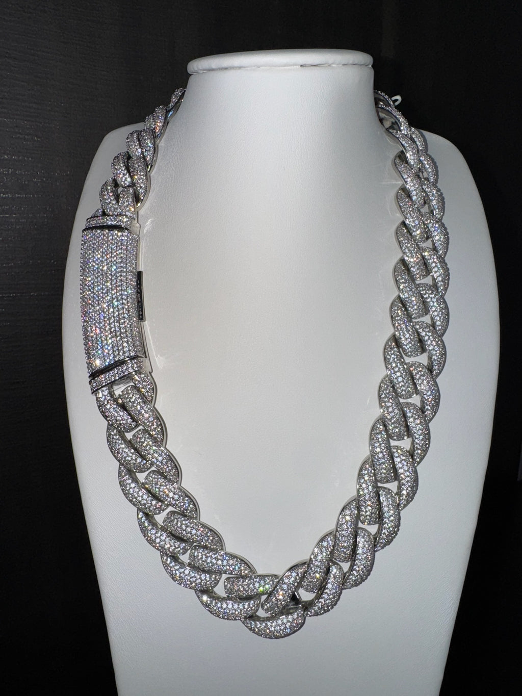 18k White Gold Finish Micro Pave Cuban Link Necklace.